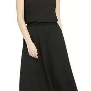 Theory Midi A Line Dress Women Black Silk Ribbed Waistband Spaghetti Strap (2P)